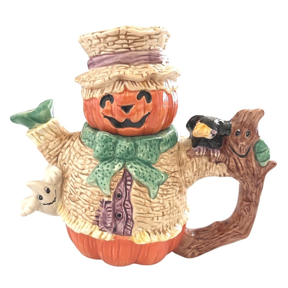 Omnibus by Fitz and Floyd Halloween Scarecrow Pumpkin Teapot 32oz Ghost